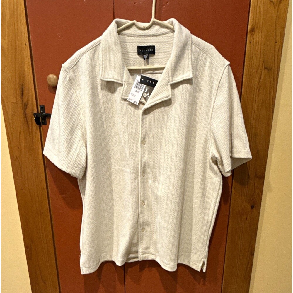 Premise Men's 2XL Ivory Textured Woven Short Sleeve Spread Collar Button-Up